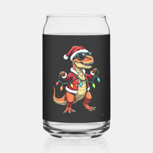 Dinosaur Wrapped with Christmas Lights Santa Hat  Can Glass
