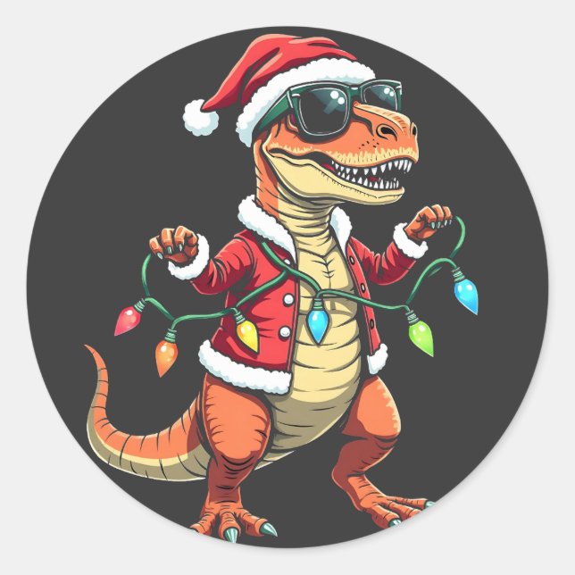 Dinosaur Wrapped with Christmas Lights Santa Hat  Classic Round Sticker (Front)