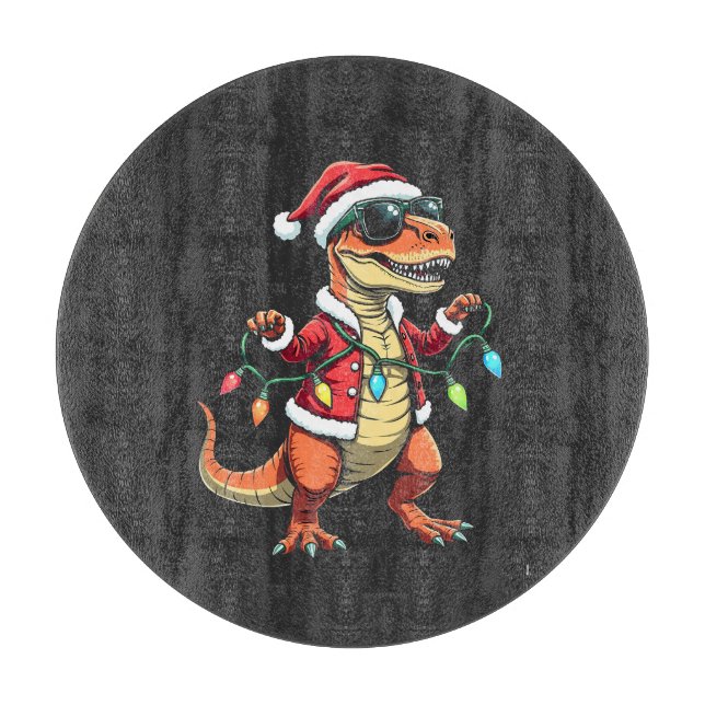 Dinosaur Wrapped with Christmas Lights Santa Hat  Cutting Board (Front)