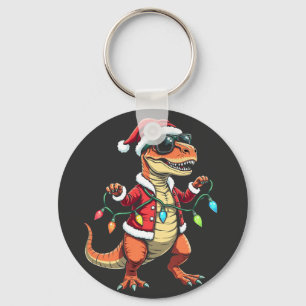 Dinosaur Wrapped with Christmas Lights Santa Hat Keychain