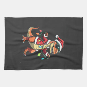 Dinosaur Wrapped with Christmas Lights Santa Hat Kitchen Towel