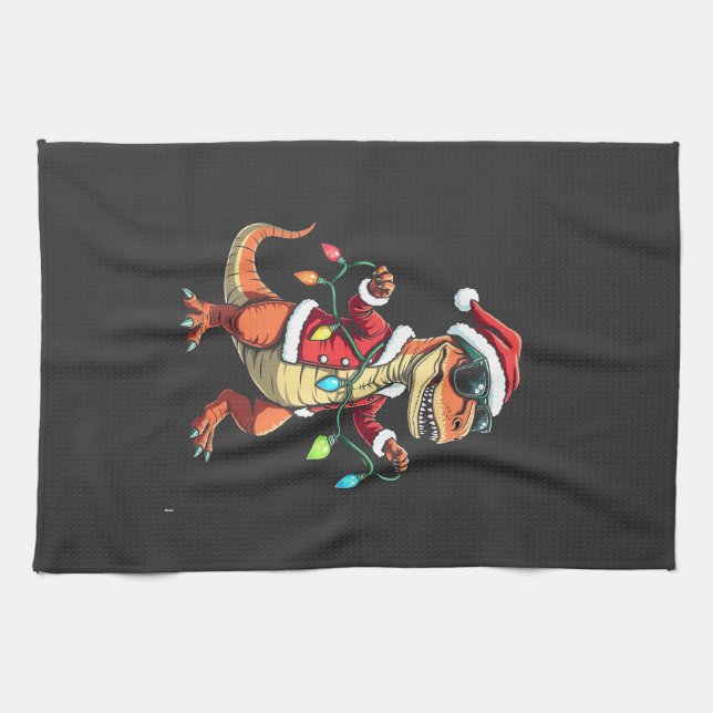 Dinosaur Wrapped with Christmas Lights Santa Hat  Kitchen Towel (Horizontal)