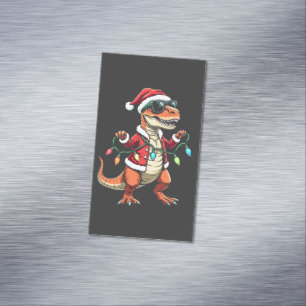 Dinosaur Wrapped with Christmas Lights Santa Hat Magnetic Business Card