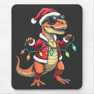 Dinosaur Wrapped with Christmas Lights Santa Hat  Mouse Pad