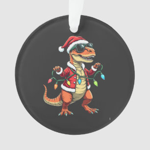 Dinosaur Wrapped with Christmas Lights Santa Hat Ornament