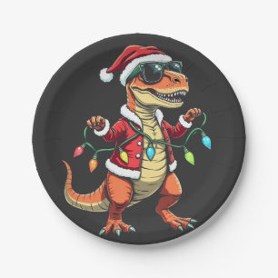 Dinosaur Wrapped with Christmas Lights Santa Hat  Paper Plate