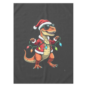 Dinosaur Wrapped with Christmas Lights Santa Hat Tablecloth