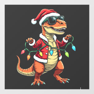 Dinosaur Wrapped with Christmas Lights Santa Hat Window Cling