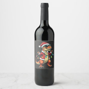 Dinosaur Wrapped with Christmas Lights Santa Hat Wine Label
