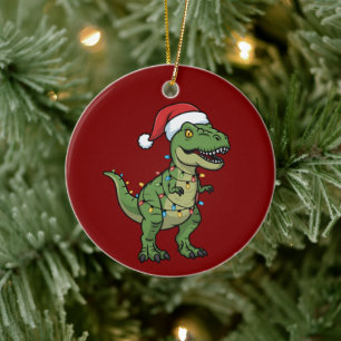 Dinosaur Xmas Lights Holiday Spirit Festive Dino Ceramic Ornament