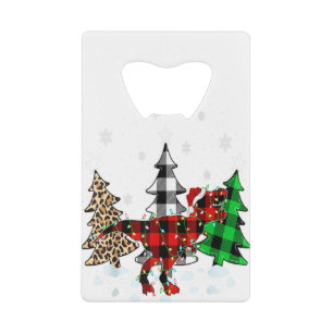 Dinosaur Xmas Tree Buffalo Plaid Trex Dinosaur Chr Credit Card Bottle Opener