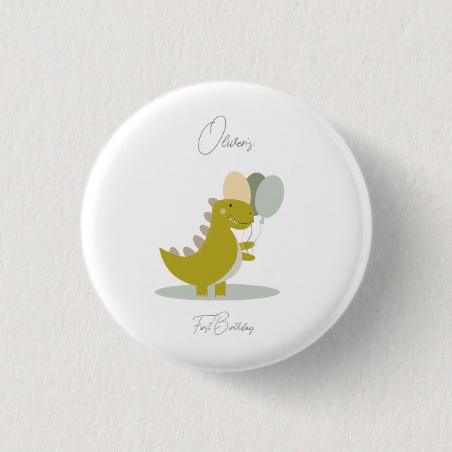 Dinosaur Yellow Green Grey First Birthday 1 Inch Round Button (Front)