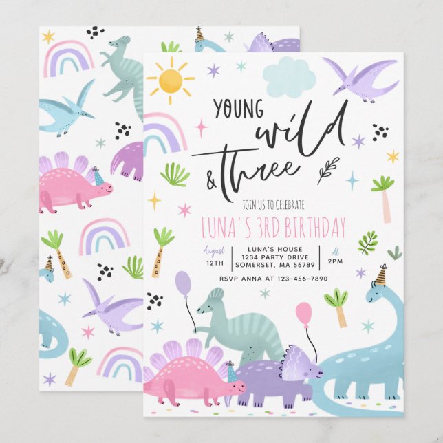 Dinosaur Young Wild And Three 3rd Birthday Party Invitation (Front/Back)