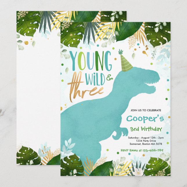 Dinosaur Young Wild And Three Dinosaur Birthday Invitation (Front/Back)
