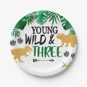Dinosaur Young Wild Three Birthday Party Plates