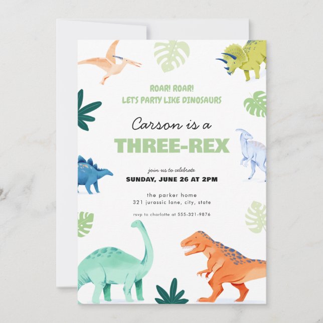 Dinosaure à trois Rex coloré Invitation d'annivers (Devant)