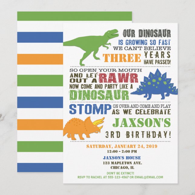Dinosaure anniversaire invitation garçon vert bleu (Devant / Derrière)