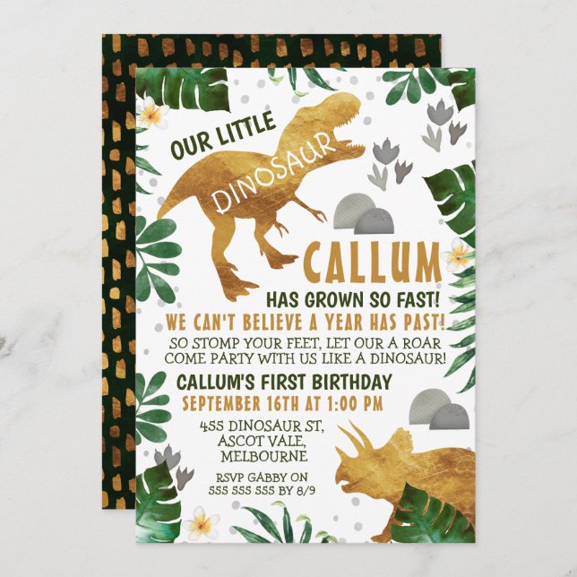 Dinosaure d'or vert Invitation de fête d'anniversa (Devant / Derrière)