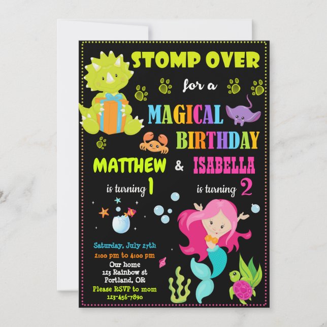 Dinosaure et Mermaid invitation d'anniversaire Deu (Devant)