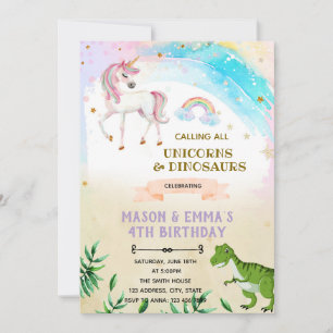 Dinosaure et unicorne invitation conjointe d'anniv