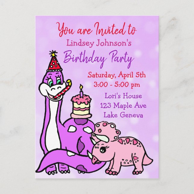 Dinosaure fille mignonne Invitations fête d'annive (Devant)