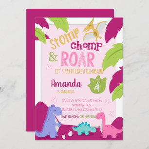 Dinosaure fille rose Invitation d'anniversaire