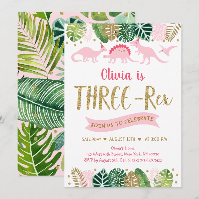 Dinosaure fille rose TROIS REX Invitation d'annive (Devant / Derrière)