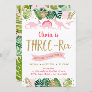 Dinosaure fille rose TROIS REX Invitation d'annive