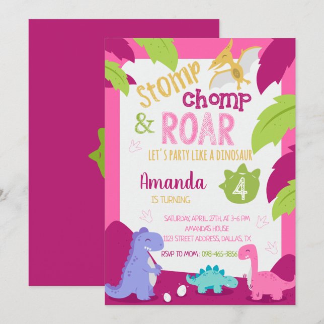 Dinosaure fille Stomp & Chomp Invitation d'anniver (Devant / Derrière)