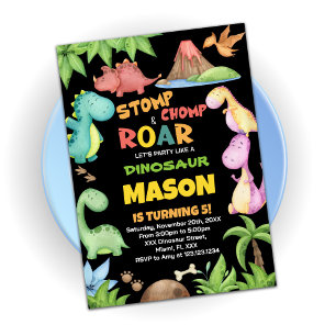 Dinosaure jaune rouge vert Invitations d'anniversa
