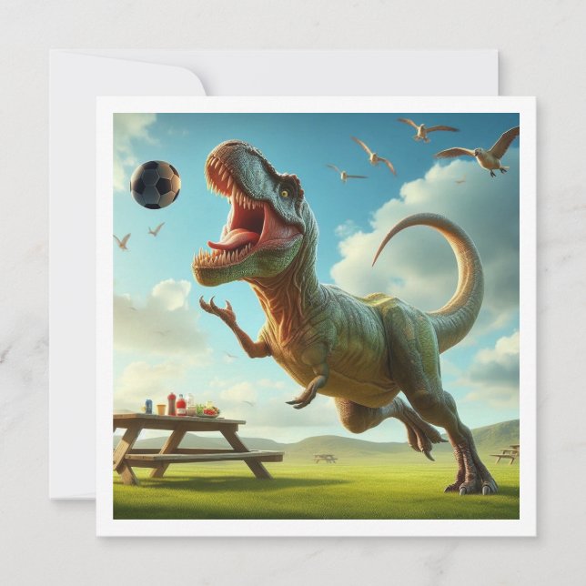 Dinosaure jouant au football, invitation d'anniver (Devant)