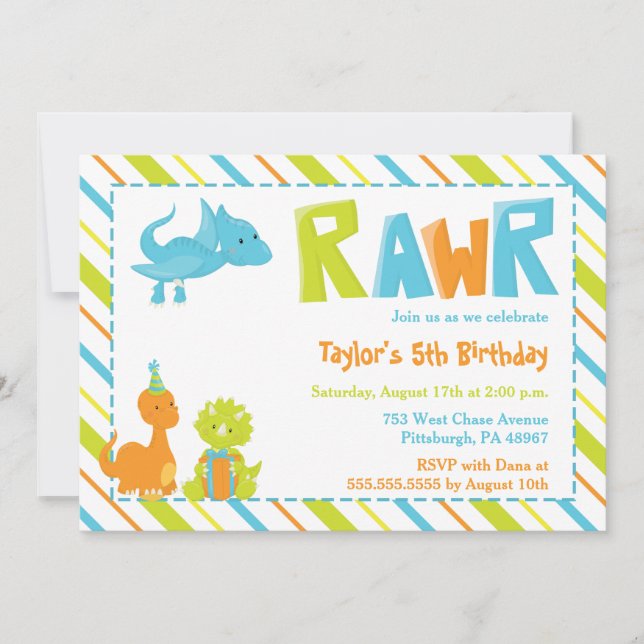 Dinosaure RAWR Invitation de fête d'anniversaire (Devant)