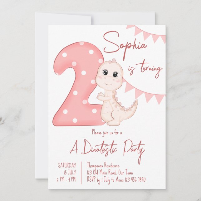 dinosaure rose bébé 2e anniversaire invitation (Devant)