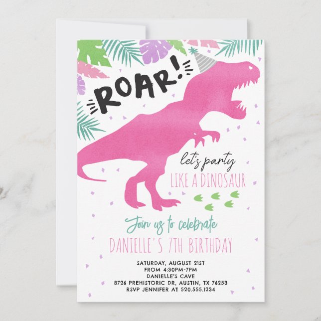 Dinosaure rose Fille Anniversaire Invitation (Devant)