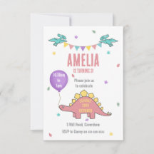 Dinosaure rose Invitation de fête d'anniversaire