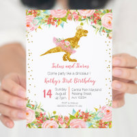 Dinosaure rose or première invitation anniversaire
