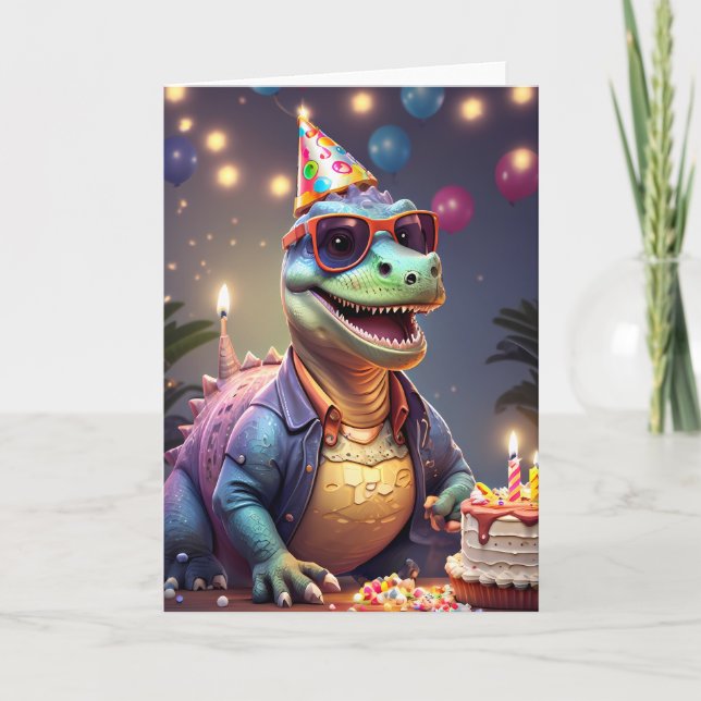 Dinosaure souriant drôle à la fête | Carte (Devant)