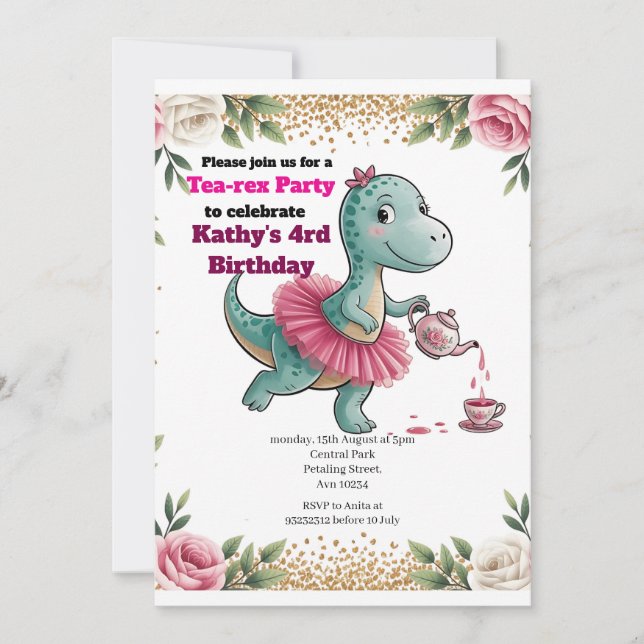 Dinosaure Tea Party 4ème anniversaire Invitation (Devant)