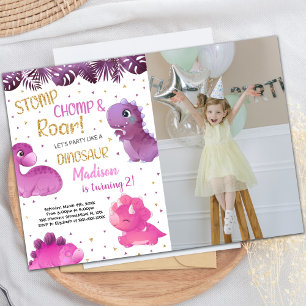 Dinosaure violet rose Invitations Anniversaire ave