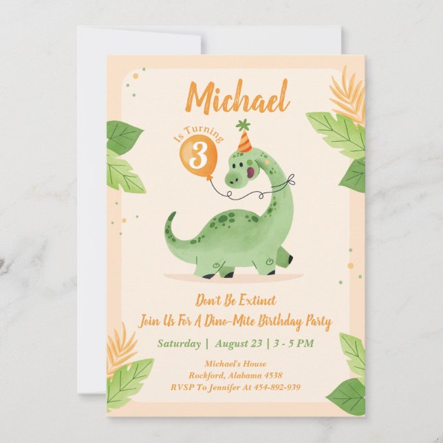 Dinosaures Anniversaire Fête Invitation | Dino Par (Devant)