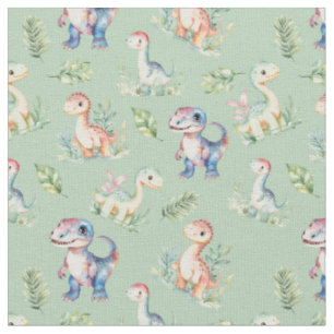 Dinosaures aquarelle sur tissu vert Sage