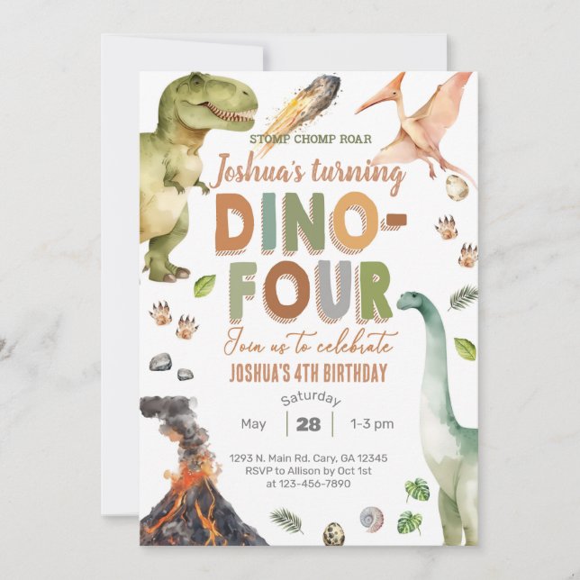 Dinosaures Dino-Quatre invitation de 4ème annivers (Devant)