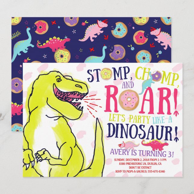 Dinosaures et beignes Invitation d'anniversaire (Devant / Derrière)
