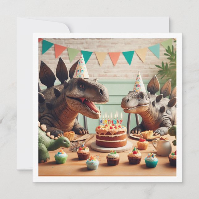 Dinosaures manger gâteau invitation anniversaire (Devant)