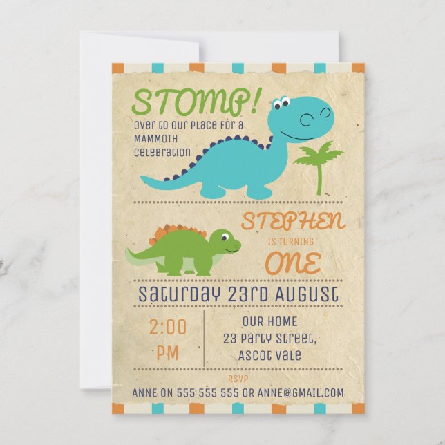 Dinosaures Papier vieilli Invitation Anniversaire (Devant)