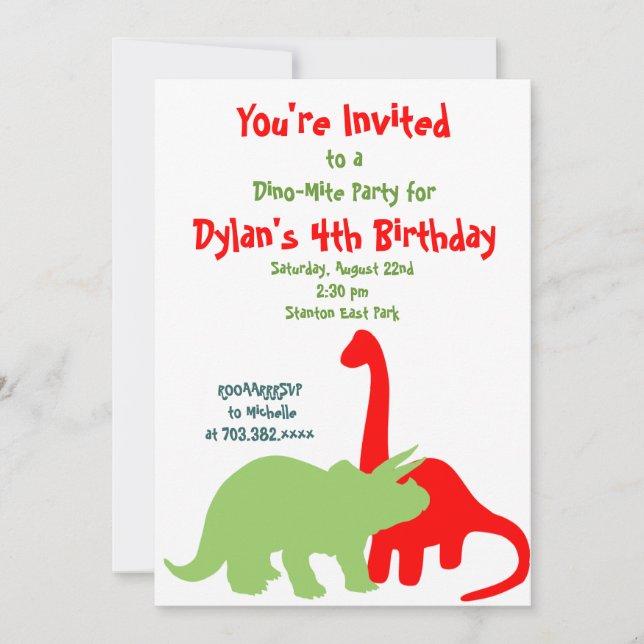 Dinosaures rouge et vert Invitations de fête d'ann (Devant)