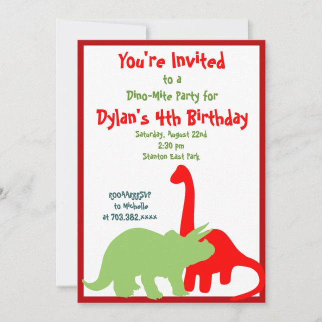 Dinosaures rouge et vert Invitations de fête d'ann (Devant)