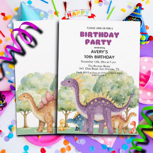 Dinosaurs and Trees Colourful 10th Birthday Party Invitation