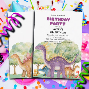 Dinosaurs and Trees Colourful 7th Birthday Party Invitation