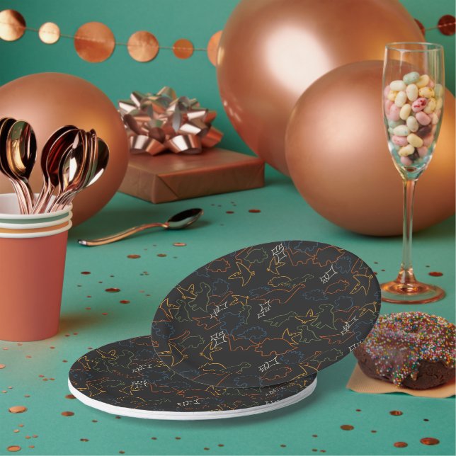 Dinosaurs - Autumn Outline Black Background Paper Plate (Multi)